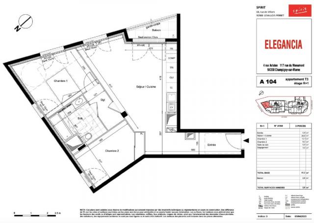 Appartement - 61 m² environ - 3 pièce(s)