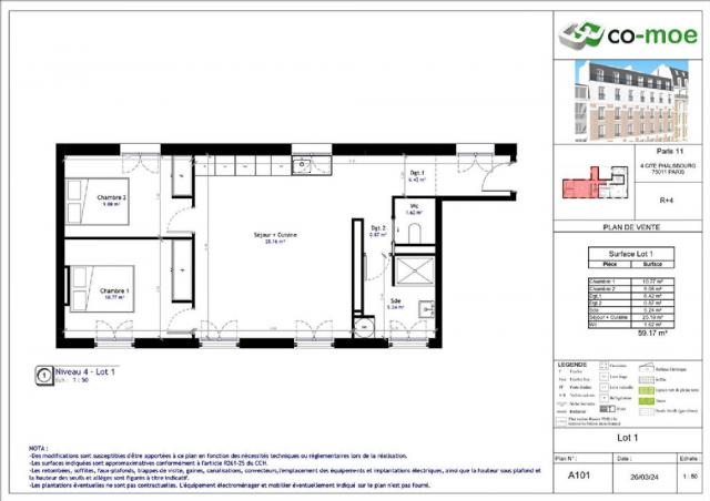 Appartement - 59 m² environ - 3 pièce(s)